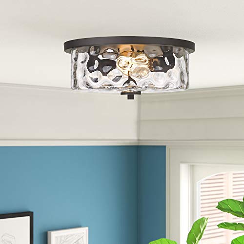 Odeums Indoor Flush Mount Lights, 2-Lights Interior Exterior Ceiling Lights Fixture, Antique Bronze Finish With Clear Hammered Glass #TOP4
