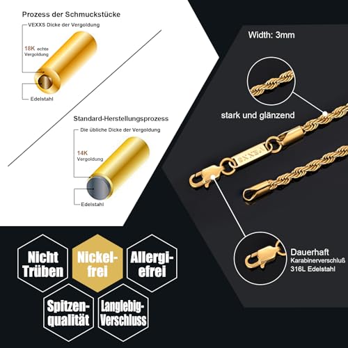 VEXXS Goldkette, 18 Karat Vergoldet 3/5mm Edelstahl Kette, Goldkette für Herren und Damen, Schmuck Geschenk, 46-66cm – Bild 3