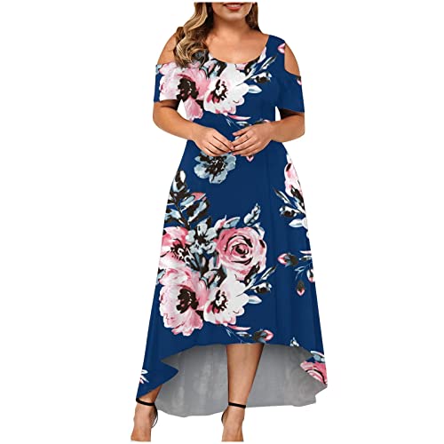 Timemeans Plus Size Women Empire Waist Asymmetrical High Low Bohemian Maxi Dress Short Sleeve Floral Print G Blue Xx-Large #TOP5