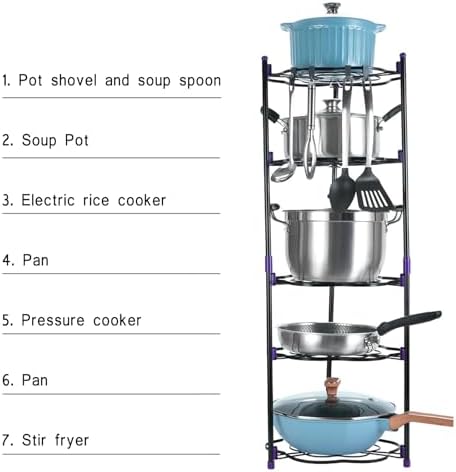 Pot & Pan Organizer Stand | Pan Rack for Storage | Saucepan Holder for Kitchen | Pots and Pans Storage Solution | Pan Stand with 6 Hooks | Space Saving Cookware Organizer Rack