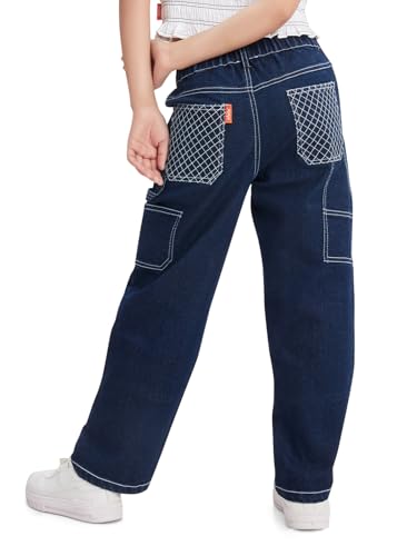 Image of olele Girls Super Jeans Collection for 4-14 Yrs | Stretchable Cotton Denim Trousers | Blue Jeans for Kids | Baggy Denim Pants | Cargo Pants for Girls