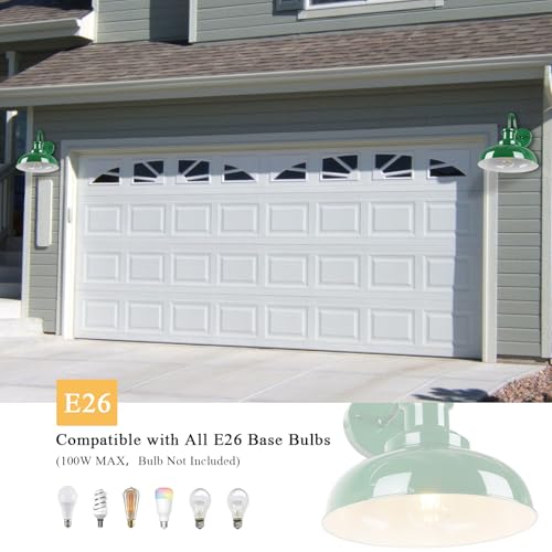 Image of Outdoor Barn Light, Rustic Outdoor Wall Sconce, Farmhouse Exterior Wall Mount Light, Vintage Indoor Wall Lighting Fixture, Industrial Green Lantern Lamp for Porch, Garage, Patio, RZ007 GR+WH