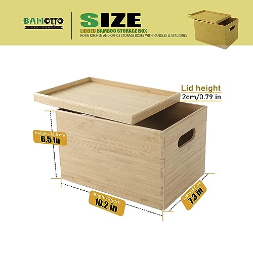 BAMOTTO Lidded Bamboo Storage Bins & Box/Cube/Basket, Home Kitchen and Office Storage Boxes with Handles & Stackable for Organizer Tableware, Clothing, Toys, Office Shelf Books, 10.2”x7.3”x6.5” - Thumbnail 2