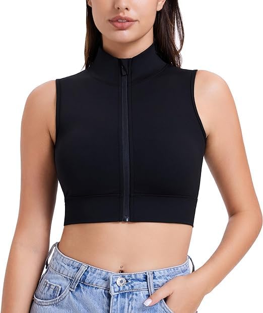 KUMAYESSports Vest for Women Full Zip Sleeveless Workout High Neck Crop Skinny Athletic Stand Collar Fitness Sports Bras Yoga Gym Top
