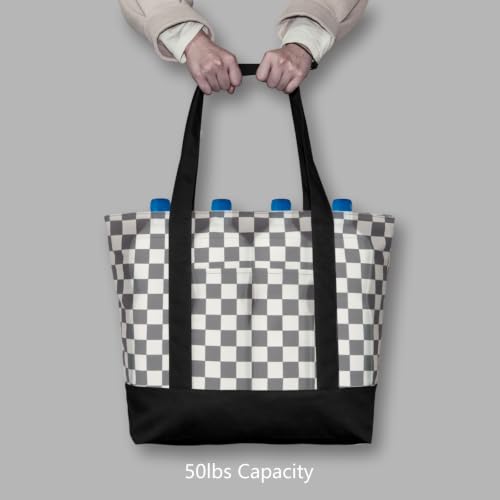 Image of TOPDesign 1-Pack Canvas Tote Bag with an External Pocket, Reusable Grocery Shopping Bag, Top Zipper Closure, Daily Essentials (Checkerboard /Black)