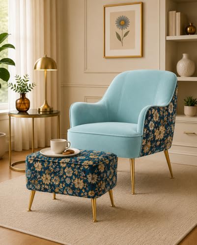 Image of Accent Chair with Ottoman | Modern Velvet Lounge Chair with Floral Designer Back | Upholstered Armchair for Living Room, Bedroom & Cafe | Golden Legs