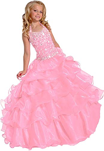 Aurora dresses Mädchen Blumenmädchen Kleider Partyskleid Kinderkleid Kommunionkleid Tutu Kleid Hochzeitkleider Festzug Kleidung(Rosa,11-12 Jahre) Cover