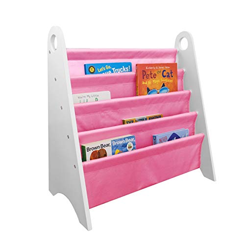 Image of Wildkin Kids Modern Sling Bookshelf for Boys and Girls, Wooden Design Features Two Top Handles and Four Fabric Shelves, Helps Keep Bedrooms, Playrooms, and Classrooms Organized (White and Pink)