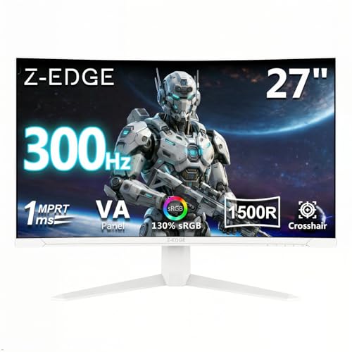 Z-Edge 27 Inch 300Hz Curved Gaming Monitor 1ms MPRT Full HD 1080P 300cd/m Brightness 16:9 VA Panel FreeSync HDR10 DisplayPort (300Hz) & HDMI (240Hz) VESA Mountable White