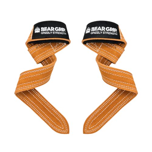 BEAR GRIP - Cinghie di sollevamento pesi in pelle per palestra, bodybuilding, powerlifting, crossfit e altro ancora (cammello doppio strato, non imbottito)