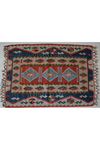 Geometric Patterned Turkish Kilim, Handmade Fringed Wool Anatolian Rug, Nostalgic Decorative Carpet, 35.4x47.2 inch - Multicolor, 35x47 inch