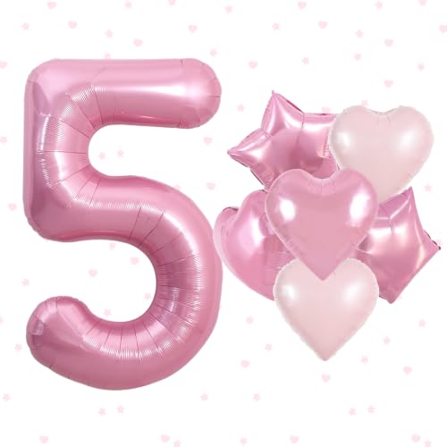 Image of TONIFUL 5th Birthday Balloons Kit 40 Inch Pink Large Number 5 Foil Balloon | with 18 Inch Helium Foil Star Shaped Balloons for Girls Women Birthday Anniversary Graduation New Year Eve Party Decoration