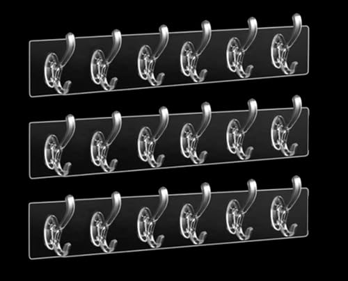 Image of Self Adhesive Heavy Duty Wall Hooks for Hanging Transparent Stainless Steel Waterproof Hooks for Kitchen, Bathroom, Home & Office (3 Pcs 6 Rows Hook)