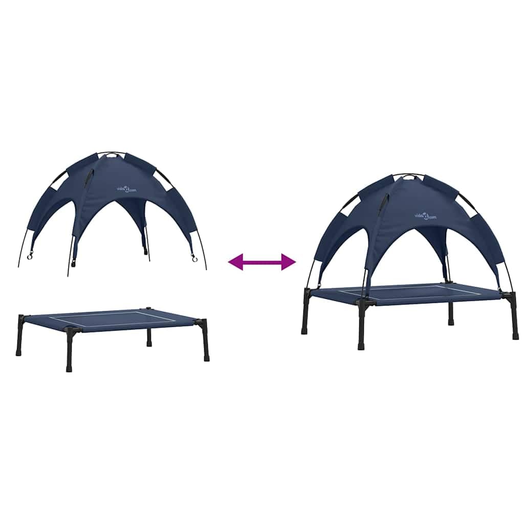 Cama elevada para perros con techo para exteriores, 71 x 64 x 71 cm, plegable, ligera y estable, marco de acero para mascotas, jardín, terraza e interiores, color azul marino