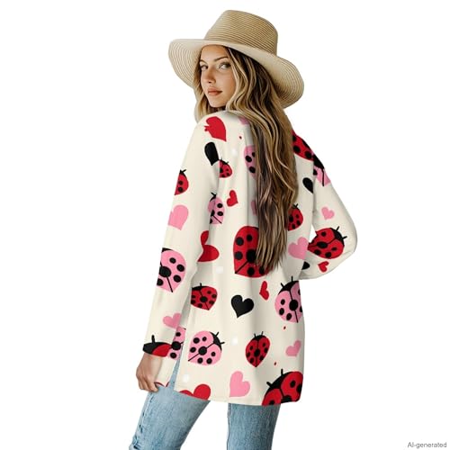 Image of Forchrinse Red Ladybug Cardigan for Women Causal Long Sleeve Open Front Cardigans Sweater Fashion 2024 Fall Coat with Pockets