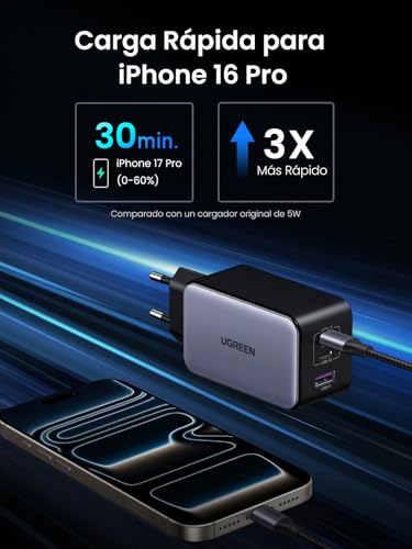 Miniatura 4 de UGREEN Nexode 100W Cargador USB C Carga Rápida Múltiple Tipo C GAN | 3 Puertos PPS 45W Compatible con iPhone 17 Pro Max Air 16 15 Galaxy S26 25 24 Pixel 10 Pro iPad MacBook M5 M4 Steam Deck
