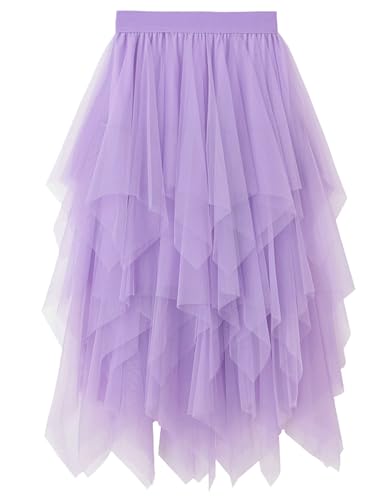 Damen Tüll Röcke High Low Layered Faltenrock Midi Rock Asymmetrisch Karnevalsrock Elegant Weich Knielang Puffy Fee Röcke