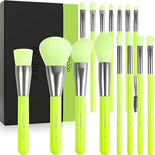 Docolor Makeup Brushes Set 15Pcs Professional Make Up Brushes Premium Gift Synthetic Kabuki Foundation Brush Blending Face Powder Blush Concealers Eye Shadows Professional Makeup Brush Set, Neon Green