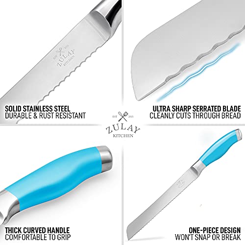Zulay Serrated Bread Knife - Stainless Steel Bread Knife For Homemade Bread, Cake, Bagel - One Piece Bread Cutter & Slicer With Tip Safety Guard - Sharp 8-Inch Blade & 5-Inch Handle (Blue) #TOP4