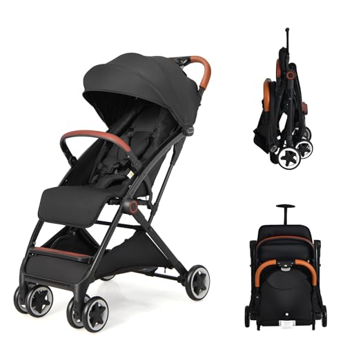 LIFEZEAL Silla de Paseo Plegable de Bastón con Respaldo Ajustable, Cochecito Compacta para el Bebé con Acogedor, Mosquitera, Arnés de 5 Puntos, 4 Ruedas, 15 kg de Capacidad, 0-36 meses (Negro)