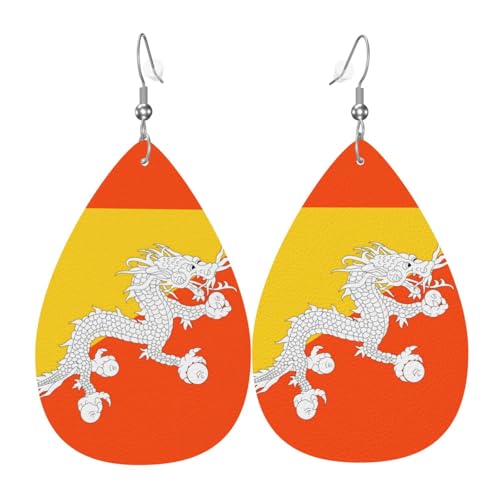 Paire de boucles d'oreilles pendantes en cuir synthétique avec drapeau du Royaume du Bhoutan pour femme