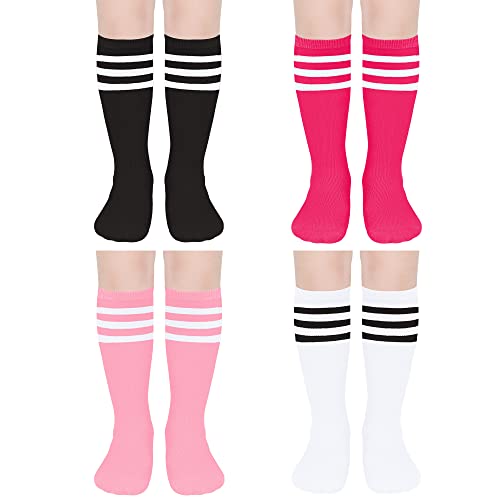 UTTPLL 4 Pairs Toddler Soccer Socks Kids Girls Boys Baseball Sports Socks Uniform Stripes Knee High Long Tube Socks2