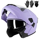Adult Modular Motorcycle Helmets, DOT Approved Flip up Dual Visor Full Face Helmet for Men Women Moto ATV UTV Snowmobile ADV Four Wheeler Street Bike with Gloves & Mask (Purple, L)