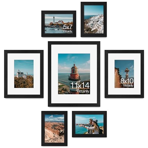 Image of Vittanly 7 Pack Picture Frames, Picture Frames Collage Wall Decor for Wall or Tabletop Display, Multi Sizes with 1Pcs 11x14, 2Pcs 8x10 and 4Pcs 5x7 Photo Frames, Gallery Wall Frame Set in Black