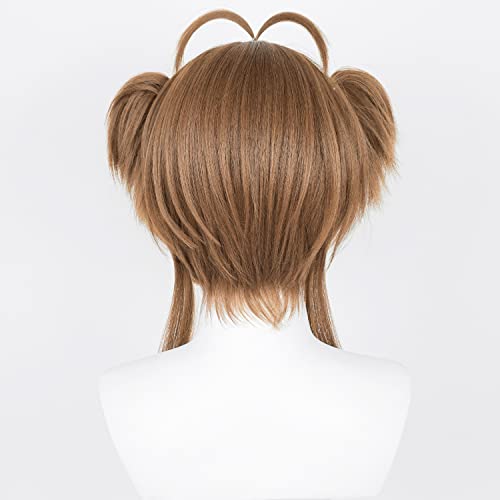 Image of Half and Half Brown Ponytail Anime Wig with Bangs Short Light Brown Lolita Twin Tails Pigtails Wig for Women Halloween Costumes Party