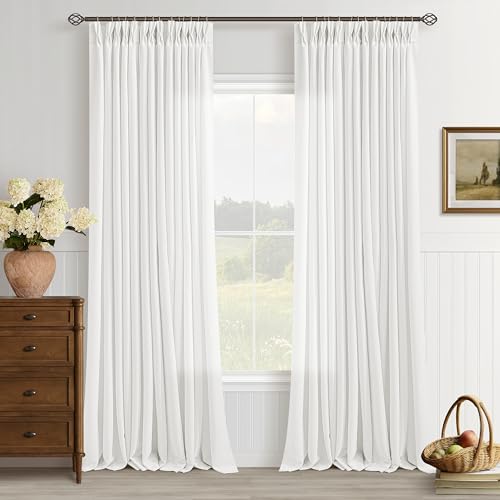 Image of Off White Semi Sheer Pinch Pleated Linen Curtains 90 Inch Length | Light Filtering, Privacy, Ivory, 90 Inch Long, Living Room, Bedroom, Burlap Textured, Memory Shape, Hook Rings, Boho, Modern