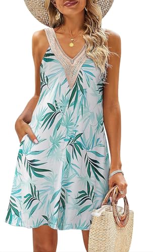 ROFUSSO Vestido Mini Boho con Estampado Floral de Verano para Mujer Vestido Informal sin Mangas con Cuello en V y Bolsillo