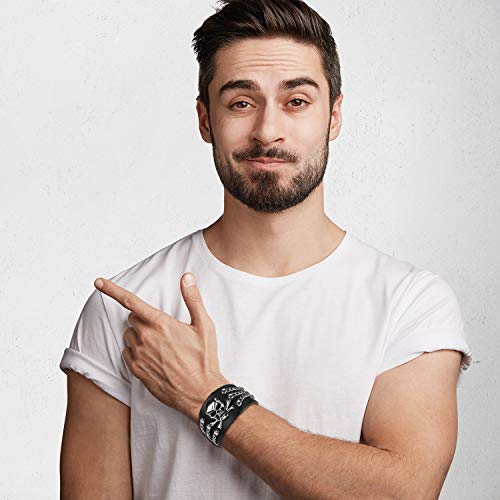 Punk Skull Leather Cuff Bracelet for Men Women, Goth Black Biker Wide Strap Adjustable Bangle Wristband for Halloween Costume Party4