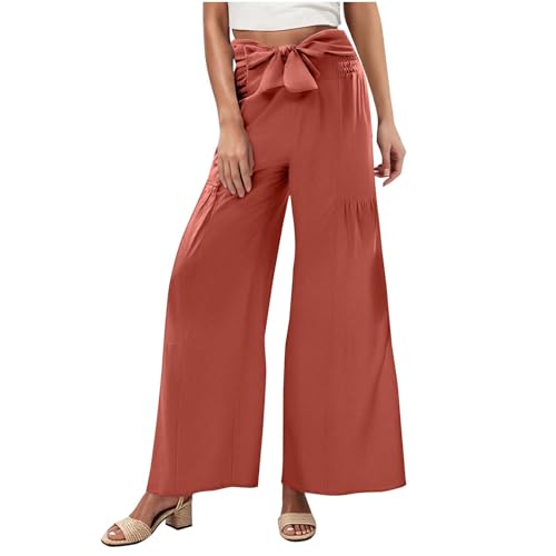 Womens Wide Leg Palazzo Pants 2025 Fashion Beach Vacation Belted High Waisted Casual Flowy Long Trousers with Pockets Red