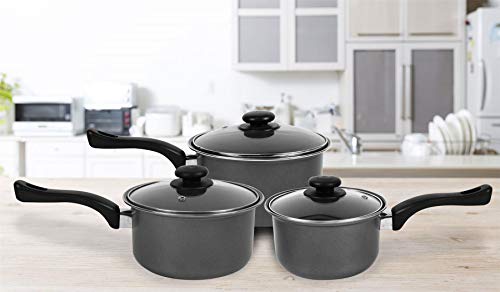 Non Stick Saucepan Set of 3 Premium Kitchen Cooking Graphite Saute Pans with Glass Lids Inner Coated 3 Sizes 16cm, 18cm & 20cm Everyday Cooking Essential - Image 3