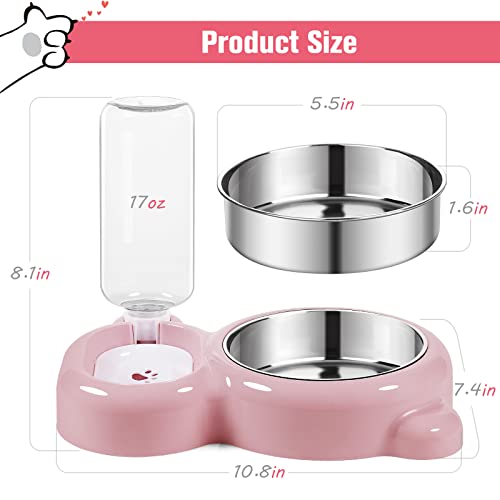 Azwraith Double Dog Cat Bowls, Pet Water And Food Bowl Set With Automatic Dispenser Bottle Detachable Stainless Steel For Small Dogs Cats Kitten Puppy Rabbit Bunny - Pink #TOP4