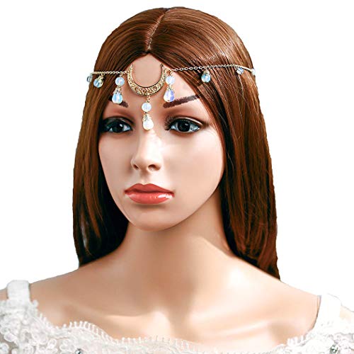 Campsis Opal Pendant Head Chain Gyspy Moon Headpiece Featival Hair Chain Jewelry for Women and Girls (Gold)