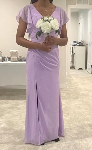 Image of Womens Elegant Bridesmaid Dresses Long with Ruffles Empire Waist Pleated V Neck Dusty Sage Formal Dress for Wedding with Slit US Size 8