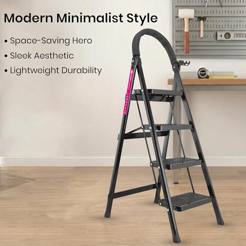 Image of Casa Copenhagen Black 4 Step Ladder for Home Use with Built-in Tool Tray | Heavy Duty D Shape Rods | Ultra Large Platform | Wide Rubber Feet | 150Kg Capacity Foldable Ladder - 7 Years Warranty