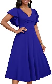 Women's Cocktail Midi Dress Elegant V Neck Ruffle Short Sleeve Wrap Wedding Guest Semi Formal A Line Dress