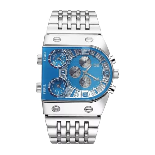 Mesuaeso Reloj Digital Reloj Luminoso for Hombre, multizona horaria, Esfera Grande, Reloj de Pulsera de Cuarzo con Correa de Acero, Accesorios Formales for Hombre. Relojes(Silver and Blue)