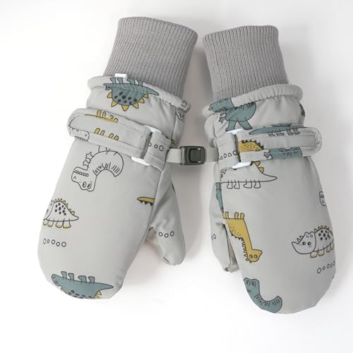 Huuflyty Toddler Mittens Winter Snow Cute Bear Gloves Infant Waterproof Mitten Warm Fleece Kid Ski Gloves for Boys Girls (Grey-Dinosaur, M (2-4years))