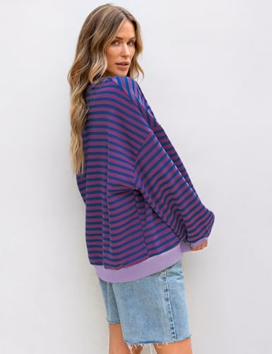 Image of UEU Women Oversized Striped Crewneck Sweatshirt Long Sleeve Color Block Pullover Tops Casual Loose Workout Shirt