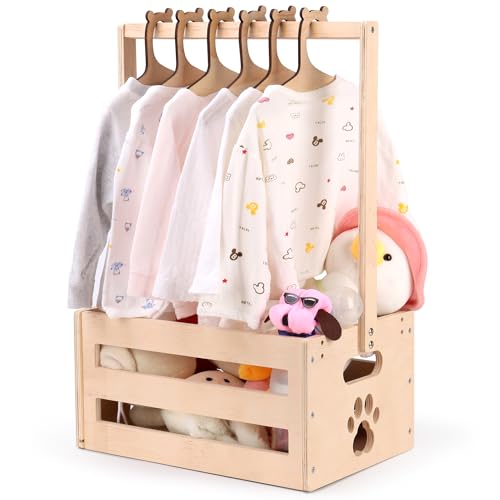 Image of Wooden Baby Shower Crate Closet, Baby Basket with Handle Baby Storage Crate Hamper, Baby Welcome Gifts with 6 Pieces Teddy Bear Wooden Hangers, Baby Personailzed Basket for Pregnancy New Parent