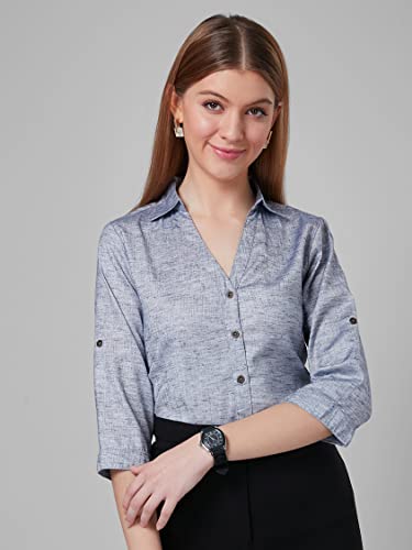 Image of Style Quotient Women Solid Navy Viscose Rayon Semi Formal Shirt
