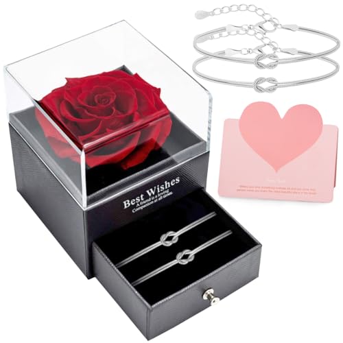 J.Fée Set de Regalos de Pulsera Pareja Rosa Eterna, Pulsera Mujer Plata 925 y Rosa Eterna Roja Natural, Regalos para Novia, Regalo San Valentin Mujer, Regalo Madre, Plata