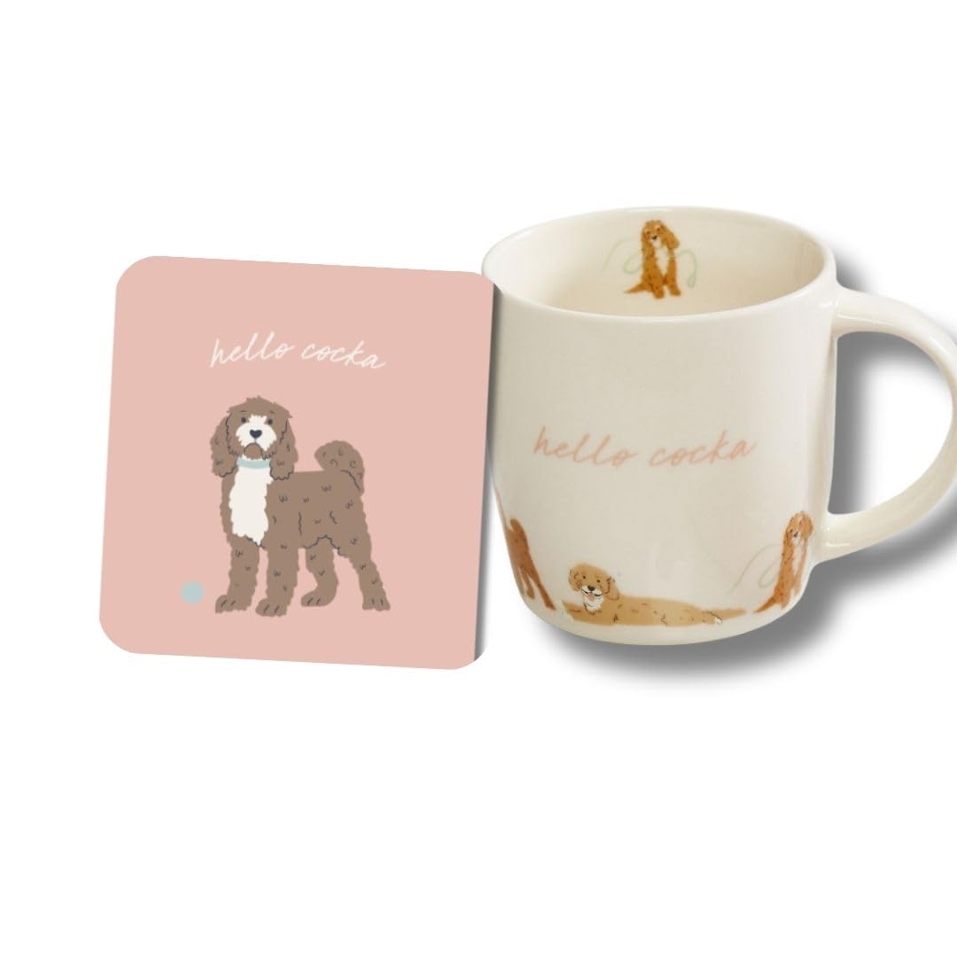 Cute CREATIONS Dog Design Mug with Matching Coaster, 350ml Cup & Drink Coaster Gift Set for Dog Lovers – Ceramic Tea & Coffee Mug with Cute Pet Design (Cockapoo)