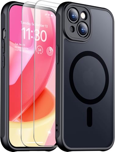 SPIDERCASE Designed for iPhone 15 Case, Magnetic with [2 Tempered Glass Screen Protector] [Full Camera Protection] Anti-Scratched Slim Phone Case for iPhone 15 6.1”, Black