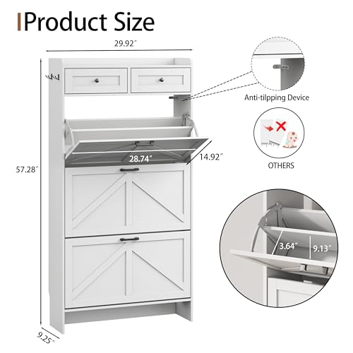 Image of Shoe Cabinet with 3 Flip Drawers & 2 Top Drawers, 57 inch Tall Freestanding Narrow Wooden Shoe Storage Organizer for Entryway, Hidden Slim Shoe Rack for Front Door Entrance, Hallway, Living Room, White