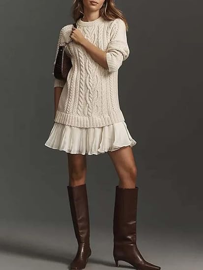 Conciseous Women Crewneck Cable Knit Sweater Mini Dress Substantian Cable Knit Sweater Dress Autumn and Winter Warmth4