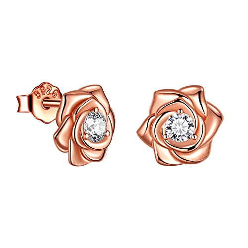 Rose Flower Earrings Stud Rose Gold Plated Over Sterling Silver Rose Studs Earrings Hypoallergenic & Nickel Free Earrings For Women Girls Elegant Rose Earrings For Wedding Birthday Christmas Fe0142R #TOP10